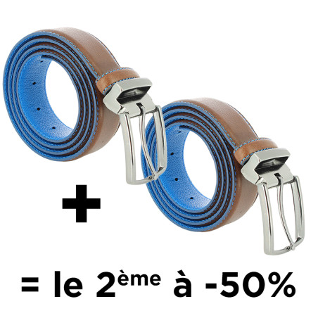 Ceinture cuir Kyoto marron foncé/bleue